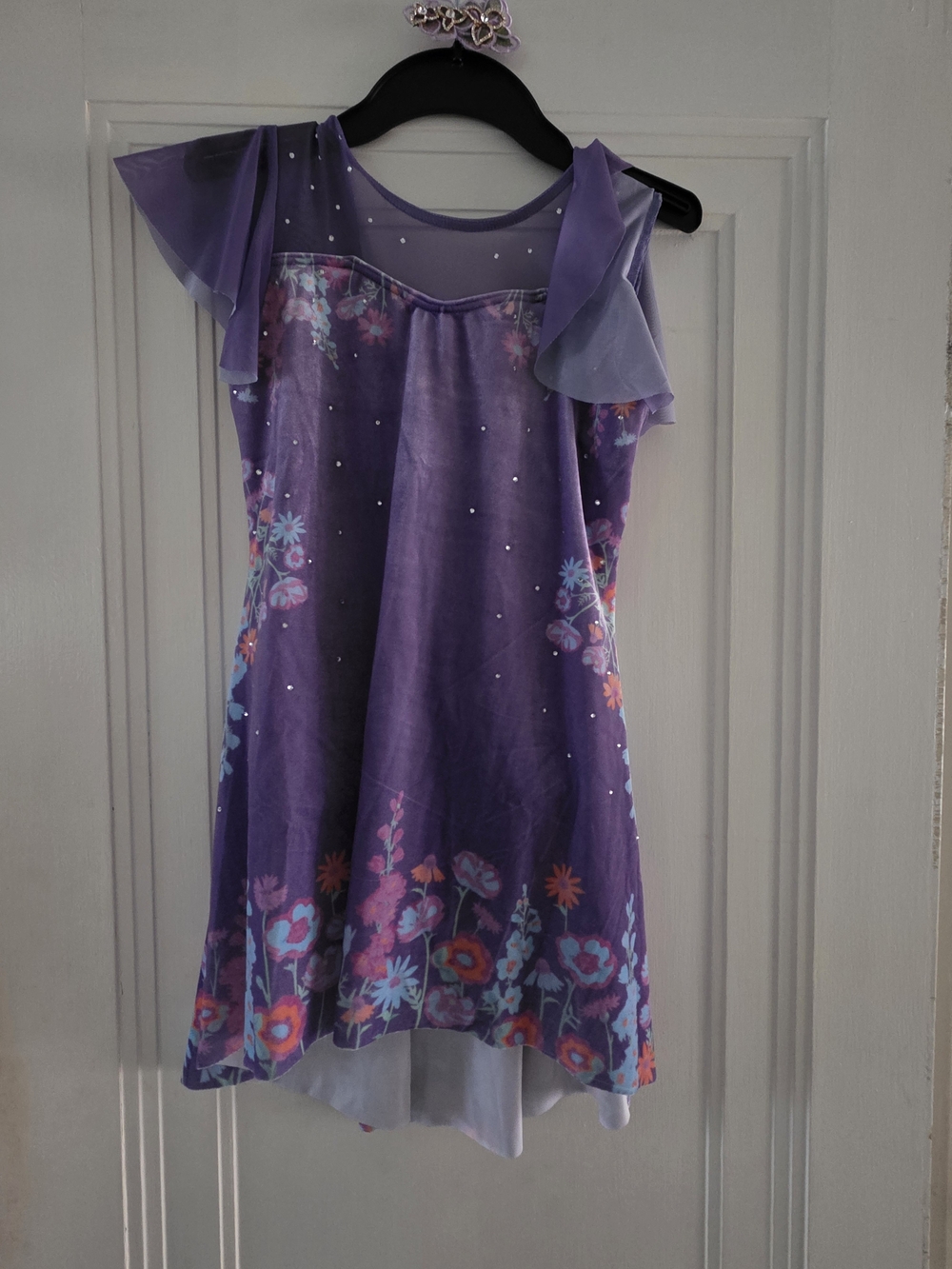 Weissman Purple Floral Dance Dress with Sheer Flutter Sleeves